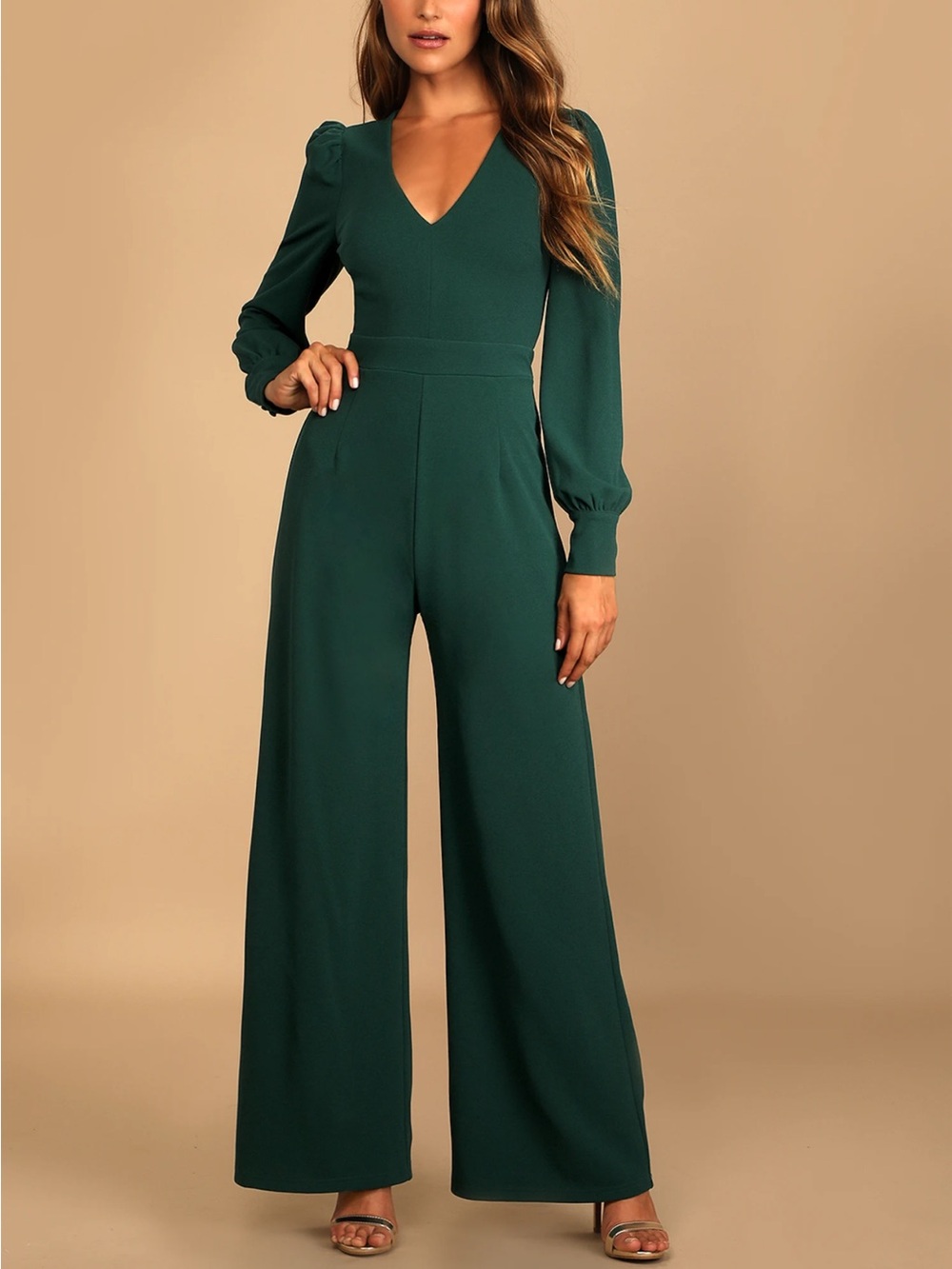 Lulu's Forest Green V-Neck Long Sleeve Wide-Leg Jumpsuit
